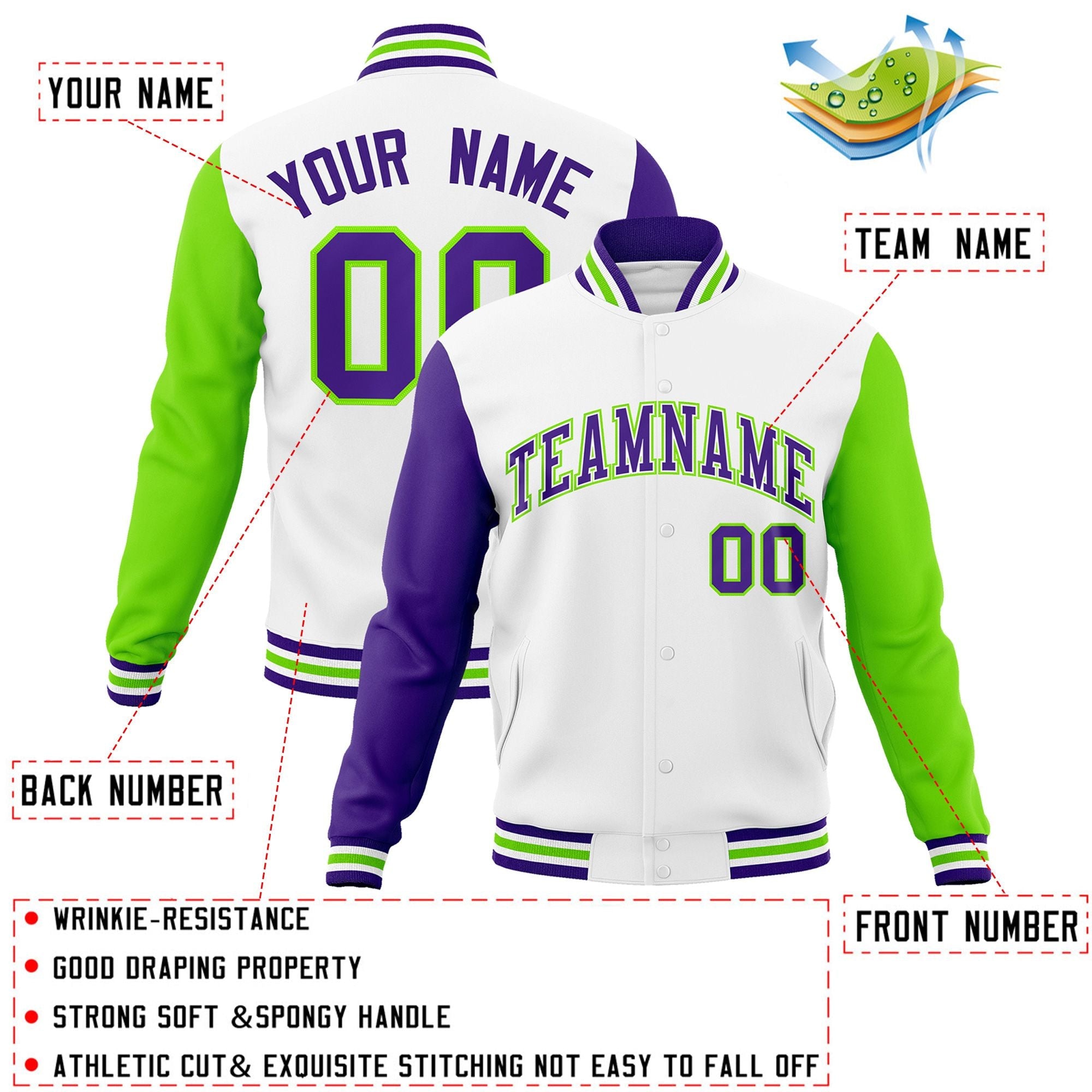 Veste Letterman Varsity Full-Snap personnalisée à manches raglan blanc violet-blanc