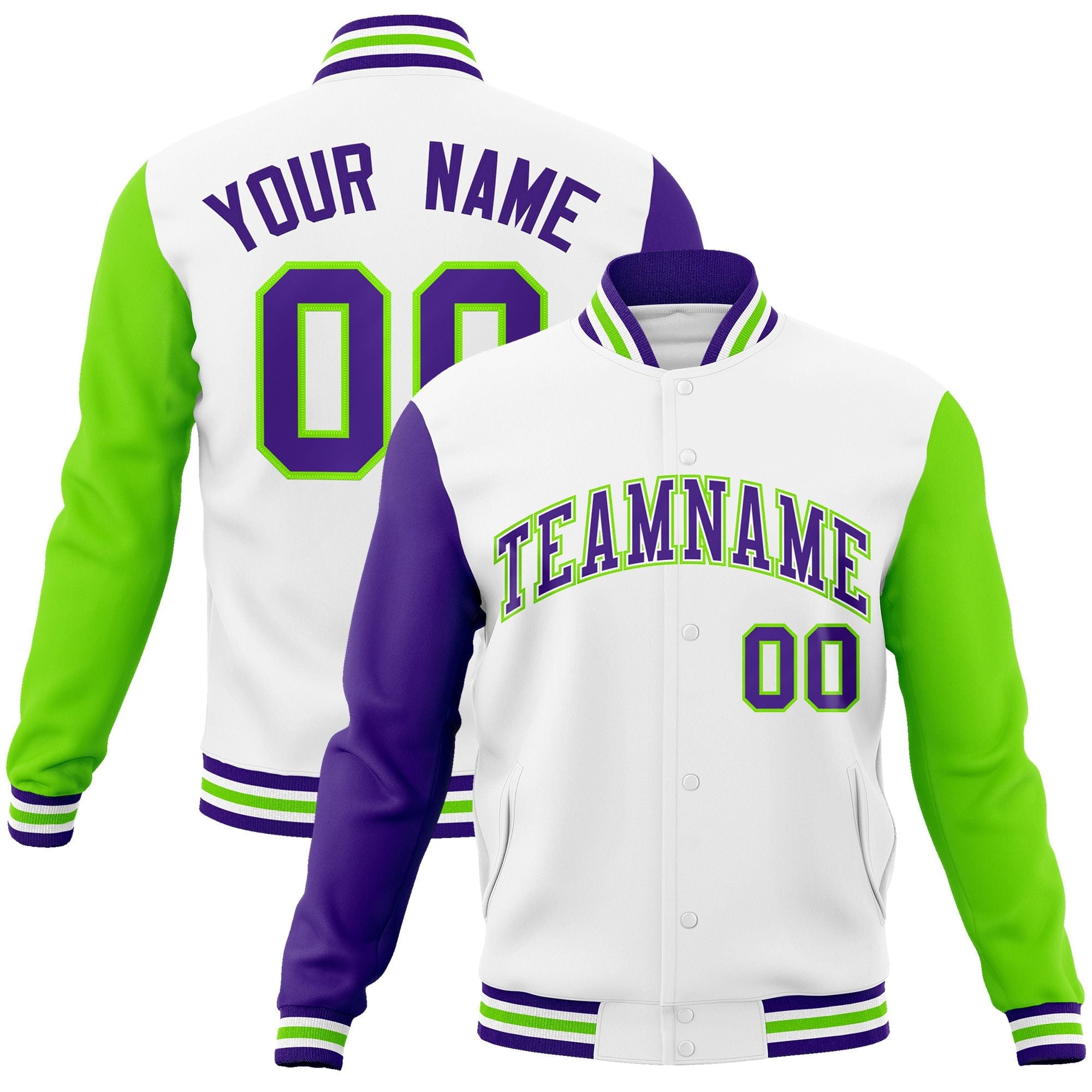 Custom White Purple-White Raglan Sleeves Varsity Full-Snap Letterman Jacket