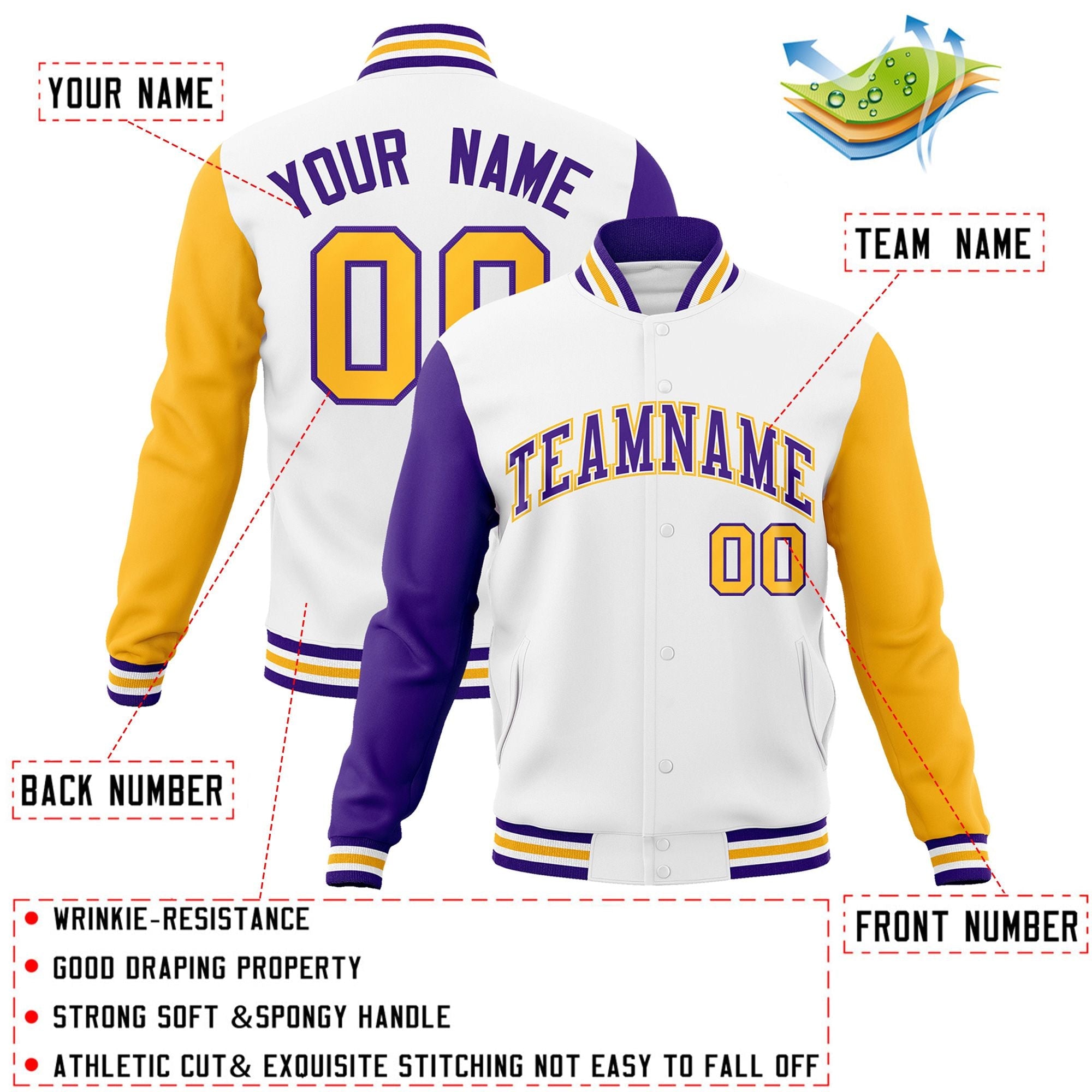 Custom White Purple-White Raglan Sleeves Varsity Full-Snap Letterman Jacket