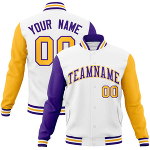 Custom White Purple-White Raglan Sleeves Varsity Full-Snap Letterman Jacket