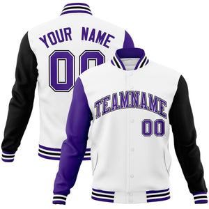 Custom White Purple-White Raglan Sleeves Varsity Full-Snap Letterman Jacket