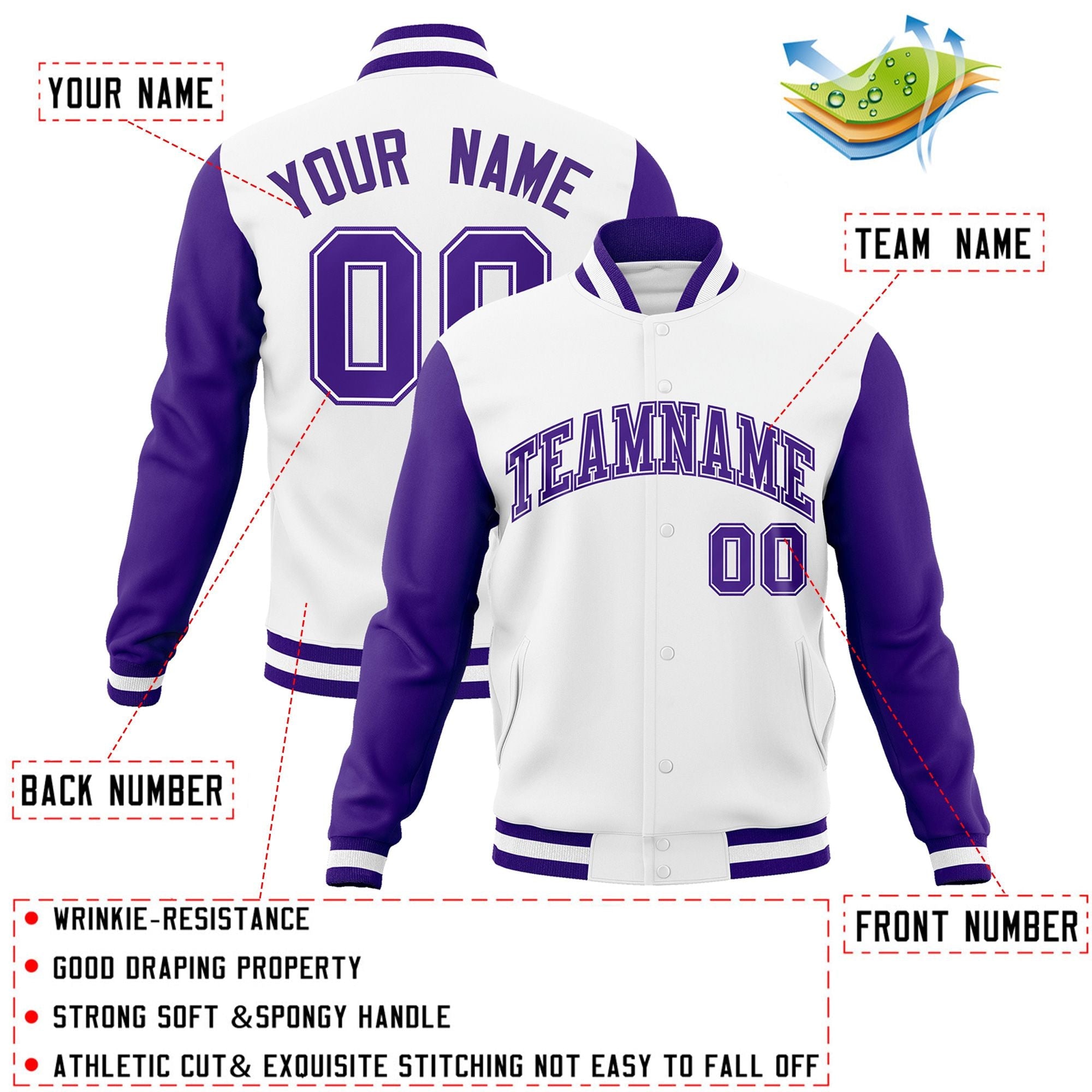 Custom White Purple-White Raglan Sleeves Varsity Full-Snap Letterman Jacket