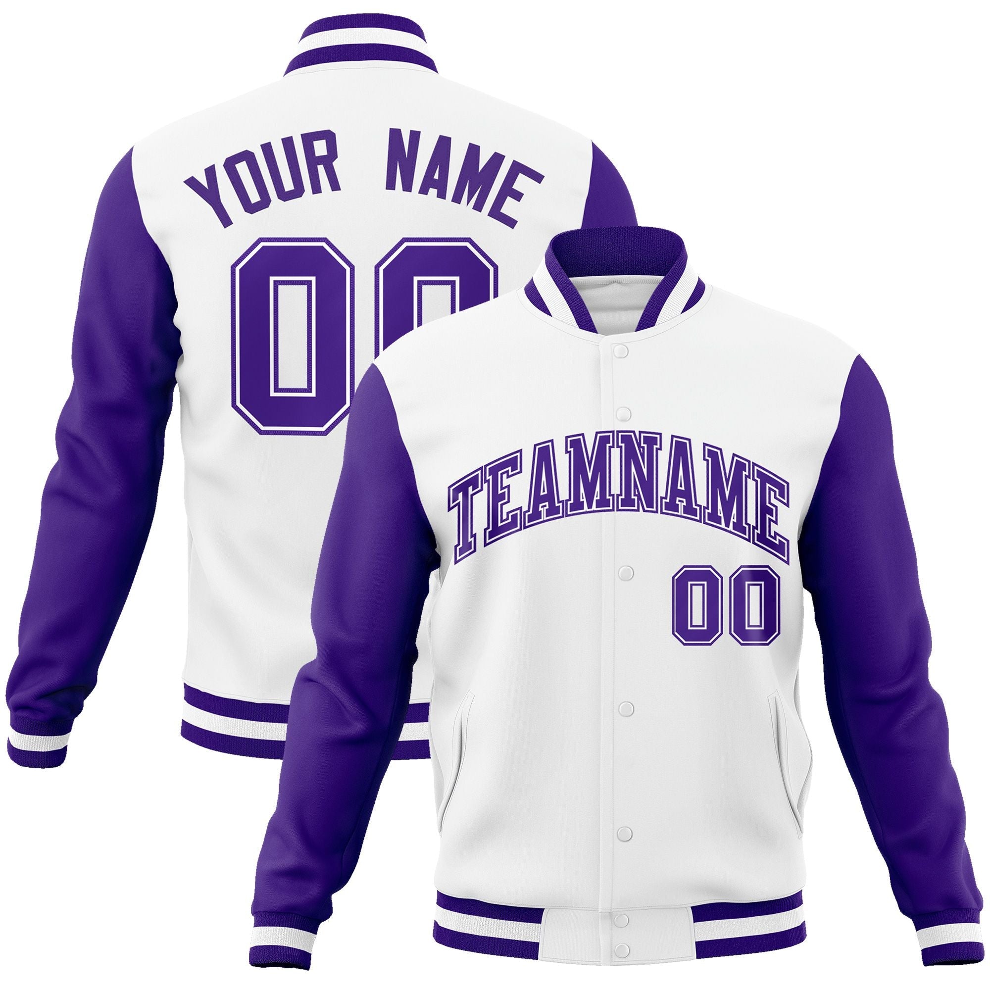 Custom White Purple-White Raglan Sleeves Varsity Full-Snap Letterman Jacket