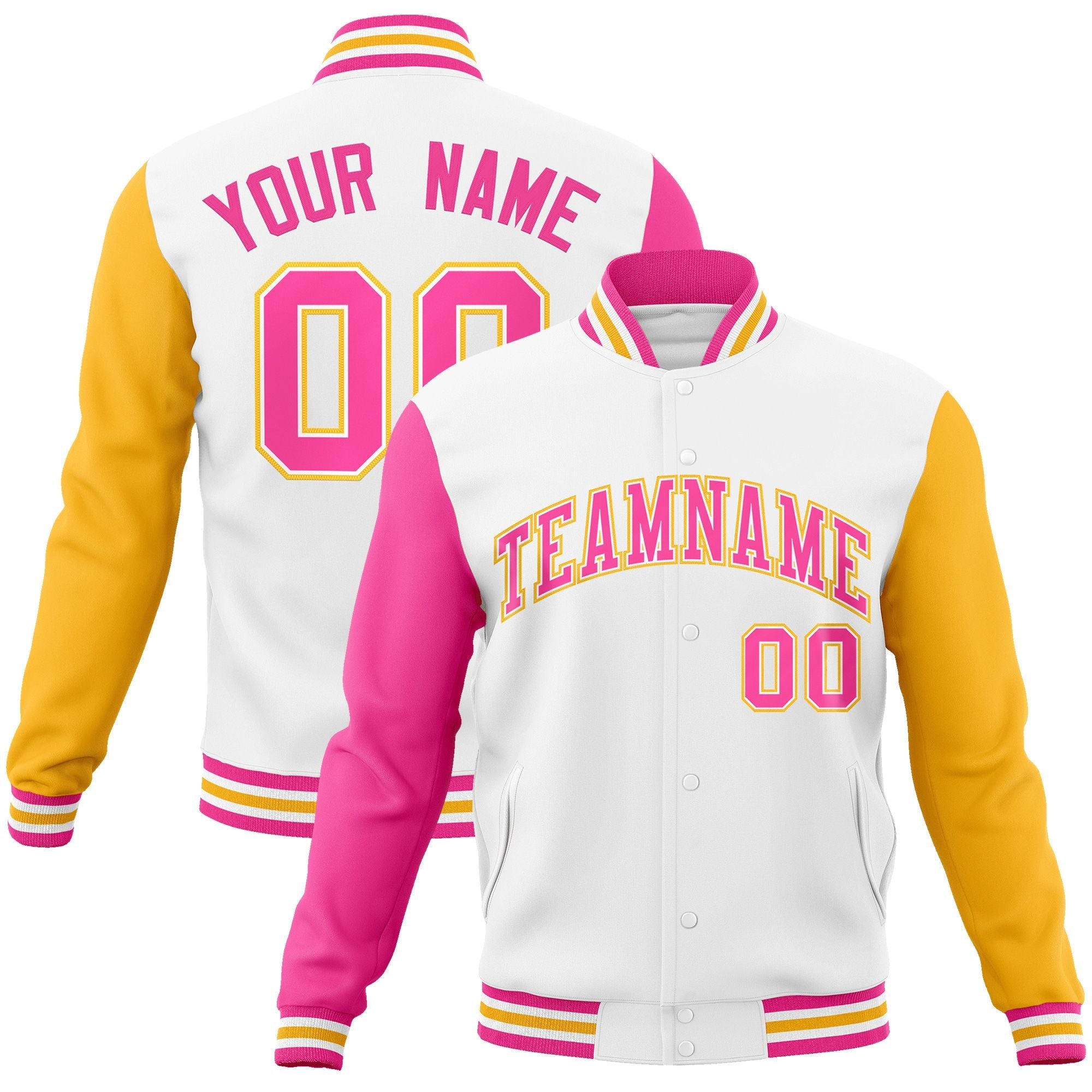 Custom White Pink-White Raglan Sleeves Varsity Full-Snap Letterman Jacket