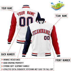 Custom White Red-White Raglan Sleeves Varsity Full-Snap Letterman Jacket