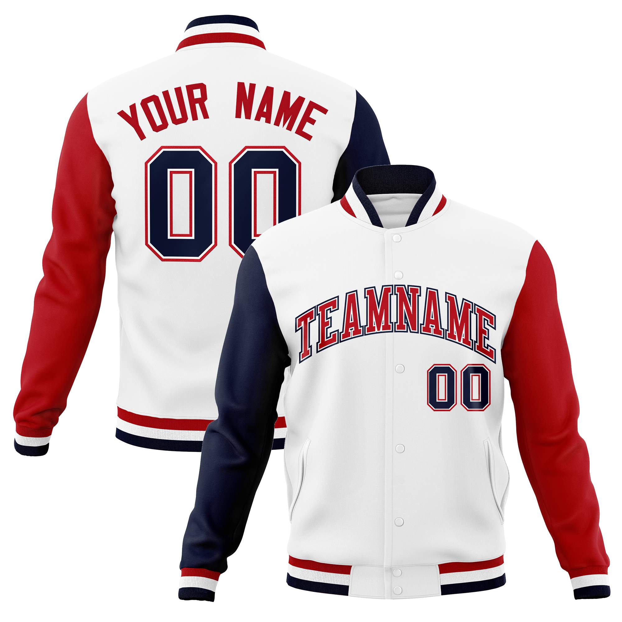 Custom White Red-White Raglan Sleeves Varsity Full-Snap Letterman Jacket