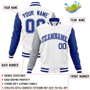 Custom White Royal-White Raglan Sleeves Varsity Full-Snap Letterman Jacket