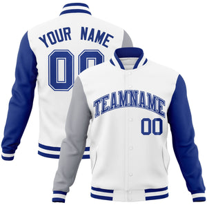 Custom White Royal-White Raglan Sleeves Varsity Full-Snap Letterman Jacket