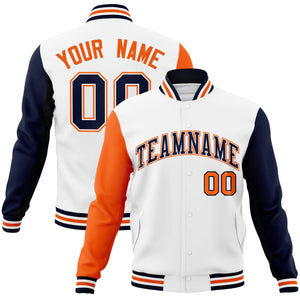 Custom White Navy-White Raglan Sleeves Varsity Full-Snap Letterman Jacket