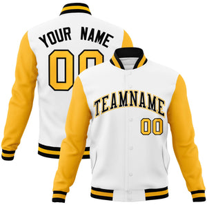 Custom White Black-White Raglan Sleeves Varsity Full-Snap Letterman Jacket