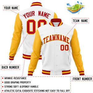 Veste Letterman Varsity Full-Snap à manches raglan personnalisées blanc rouge-or