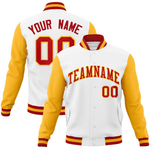 Custom White Red-Gold Raglan Sleeves Varsity Full-Snap Letterman Jacket