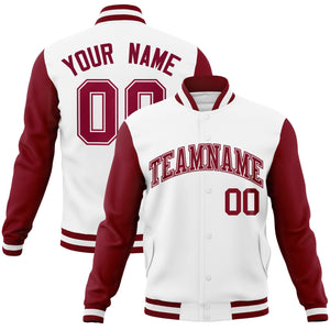 Custom White Crimson-White Raglan Sleeves Varsity Full-Snap Letterman Jacket