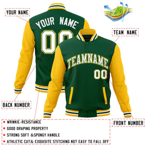 Veste Letterman Varsity Full-Snap à manches raglan personnalisées vert blanc-vert