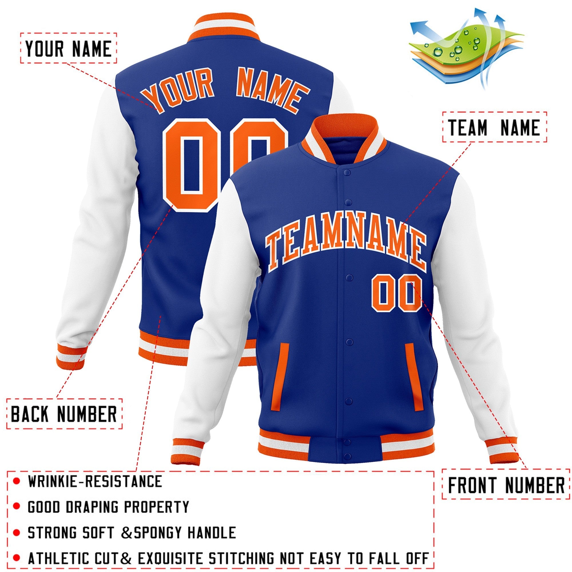 Veste Letterman Varsity Full-Snap Custom Royal Orange-Blanc à manches raglan