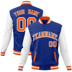 Custom Royal Orange-White Raglan Sleeves Varsity Full-Snap Letterman Jacket