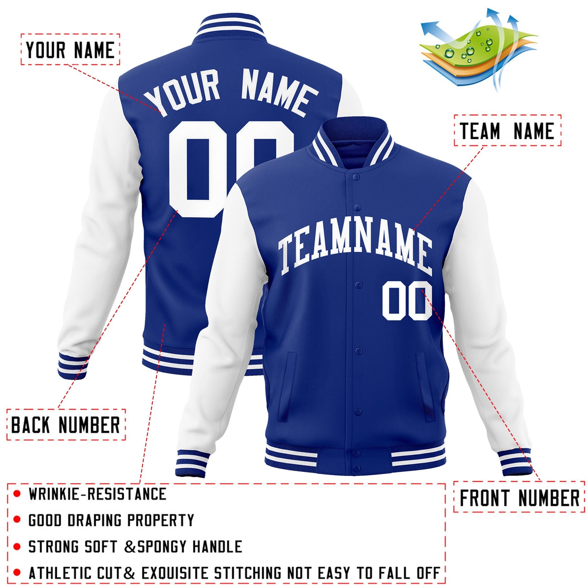 Veste Letterman Varsity Full-Snap à manches raglan blanches royales personnalisées