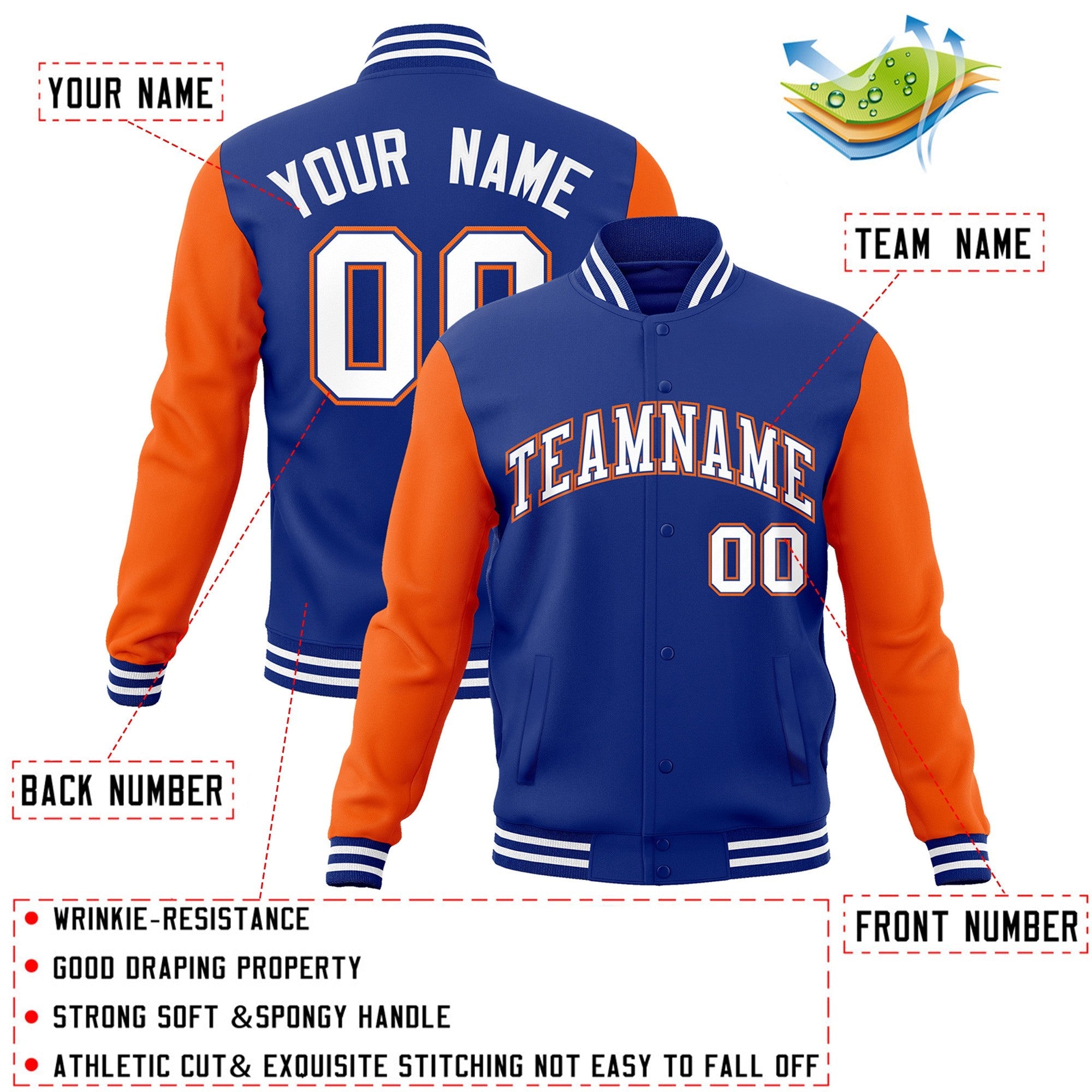 Veste Letterman Varsity Full-Snap Custom Royal White-Royal Raglan Sleeves