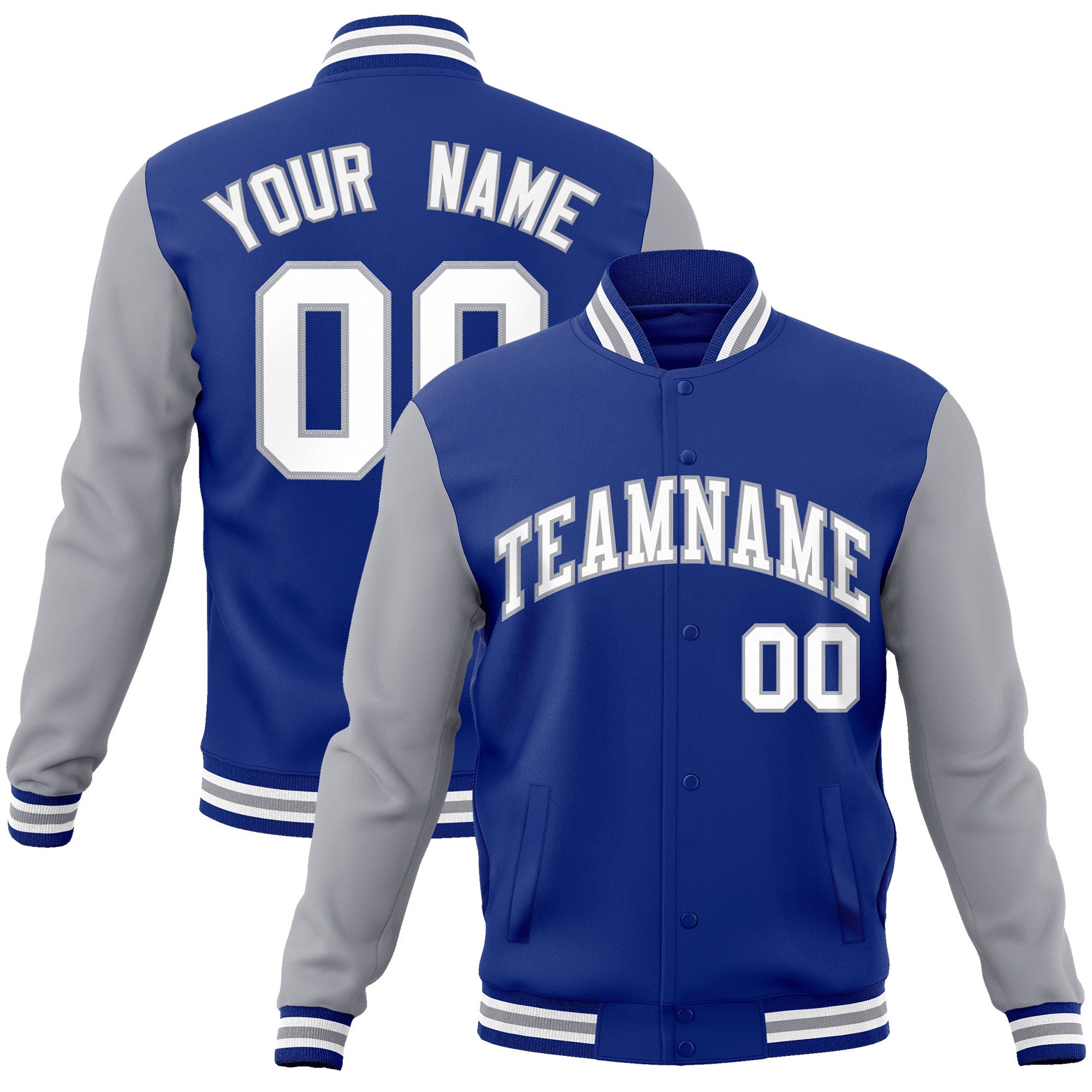 Custom Royal White-Gray Raglan Sleeves Varsity Full-Snap Letterman Jacket