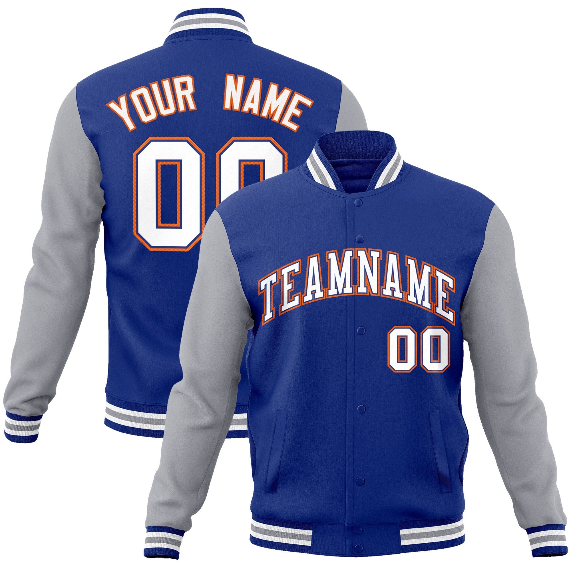 Custom Royal White-Royal Raglan Sleeves Varsity Full-Snap Letterman Jacket