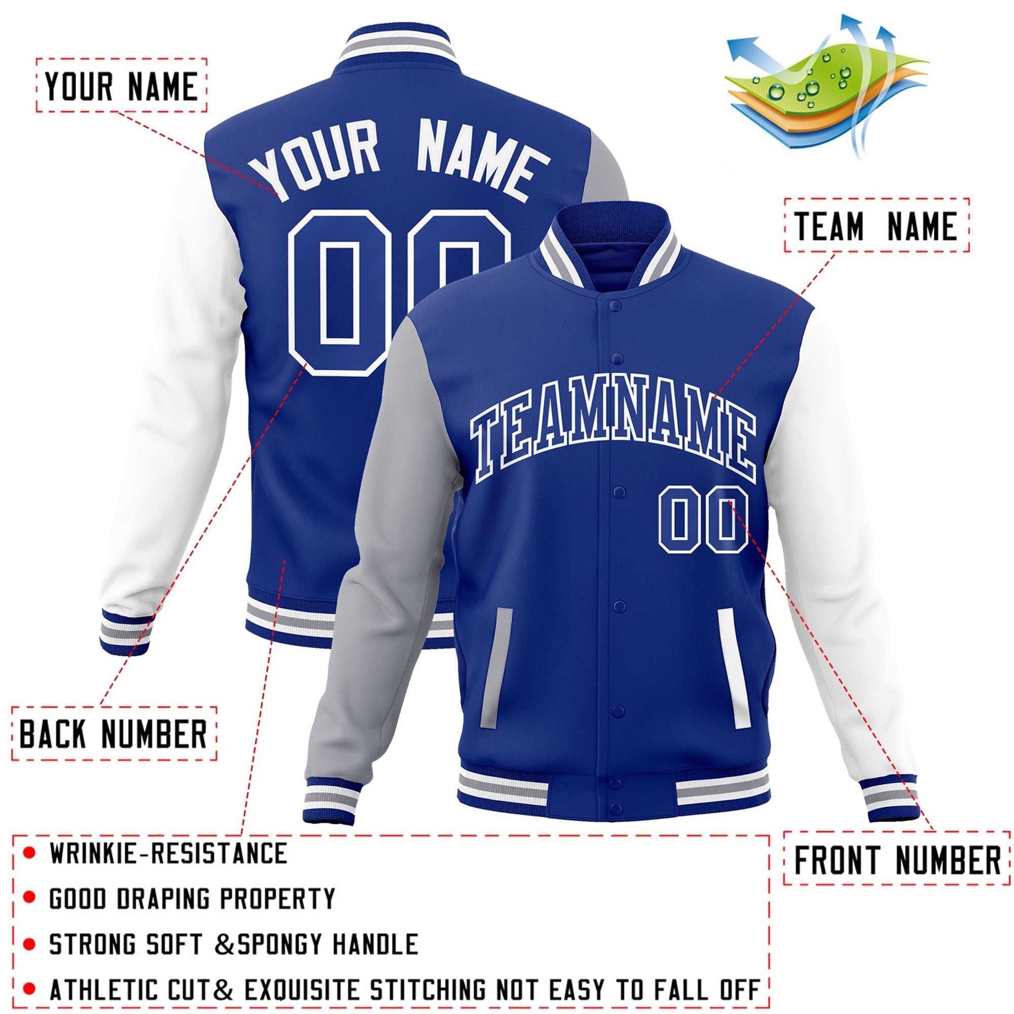 Veste Letterman Varsity à manches raglan Royal Royal-White personnalisée