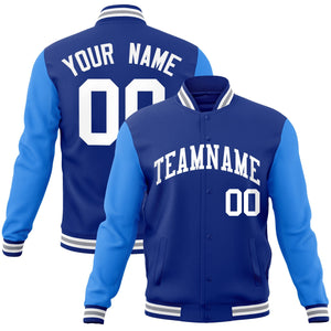 Custom Royal White Raglan Sleeves Varsity Full-Snap Letterman Jacket