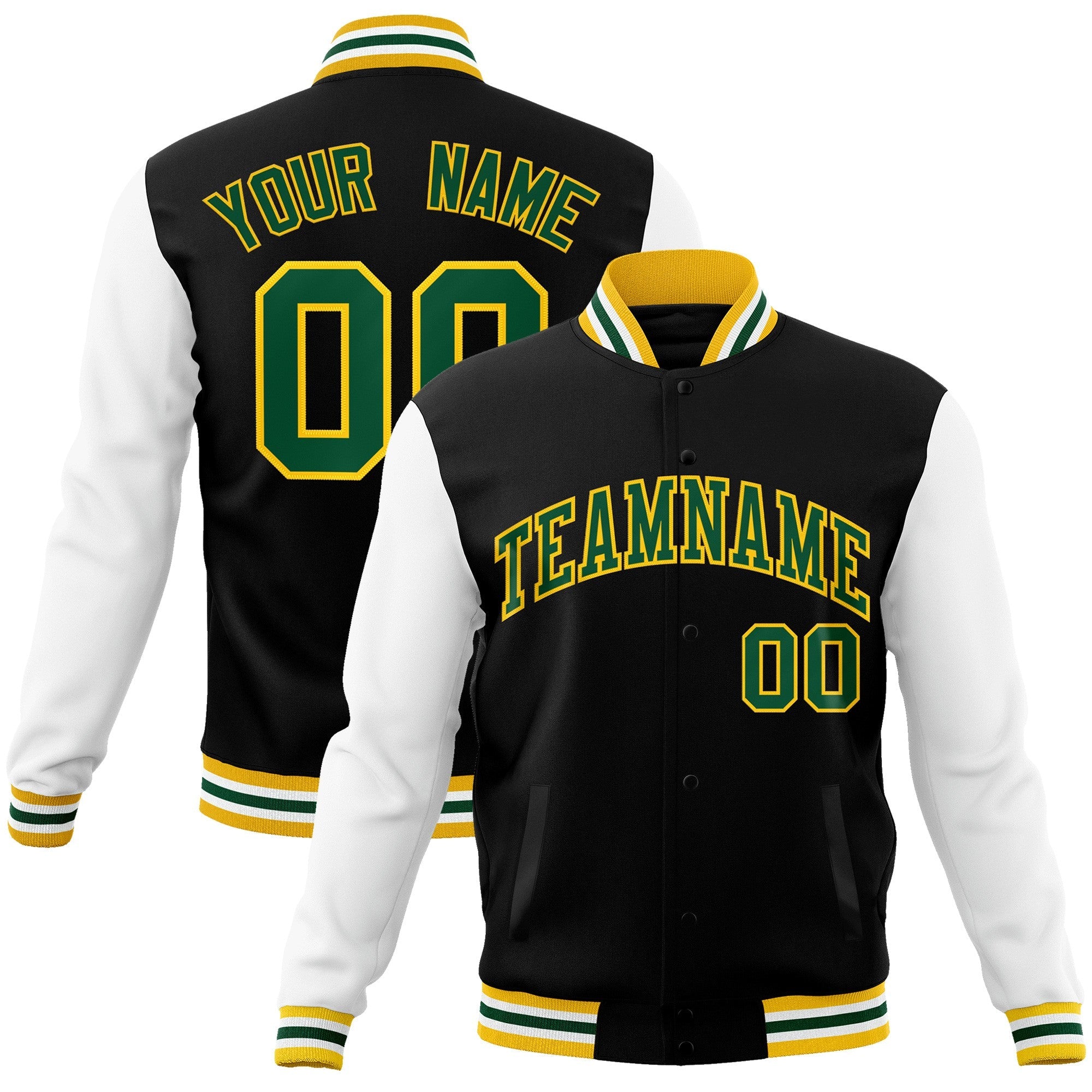 Custom Black Green-Gold Raglan Sleeves Varsity Full-Snap Letterman Jacket