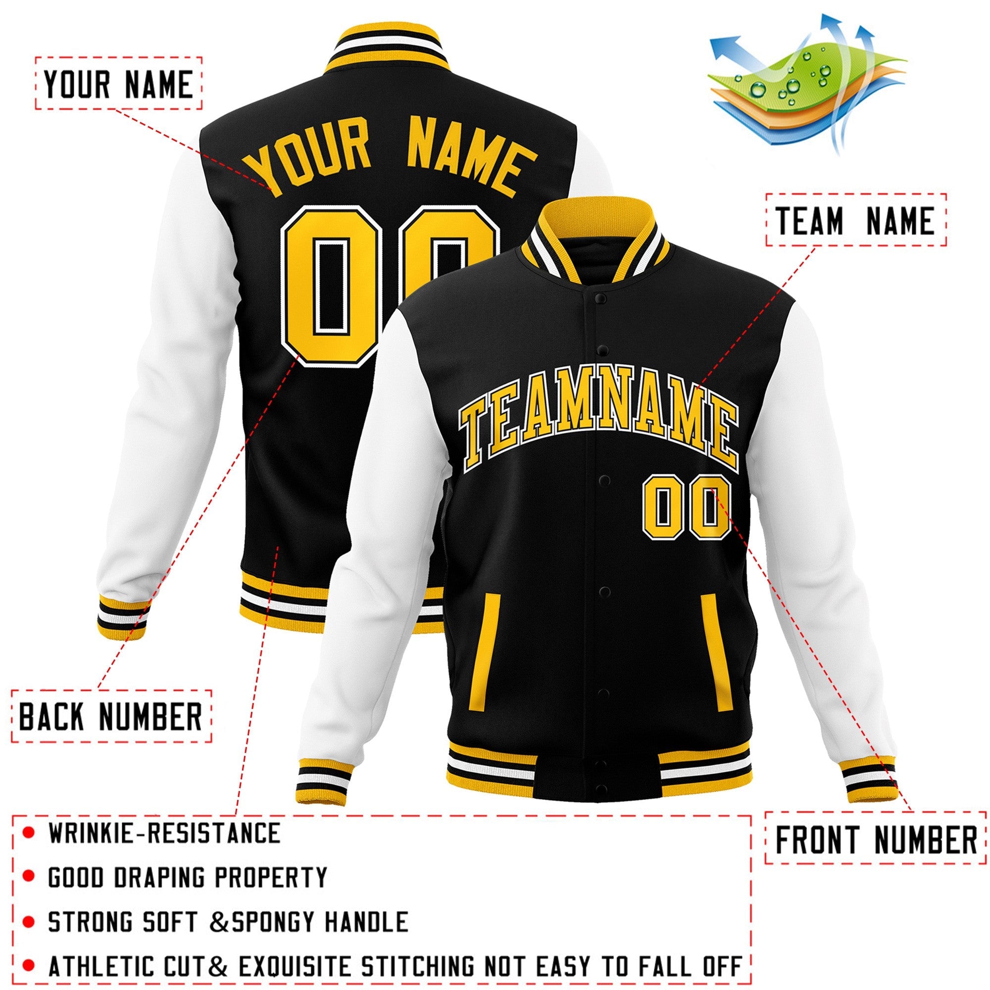 Custom Black Gold-Black Raglan Sleeves Varsity Full-Snap Letterman Jacket