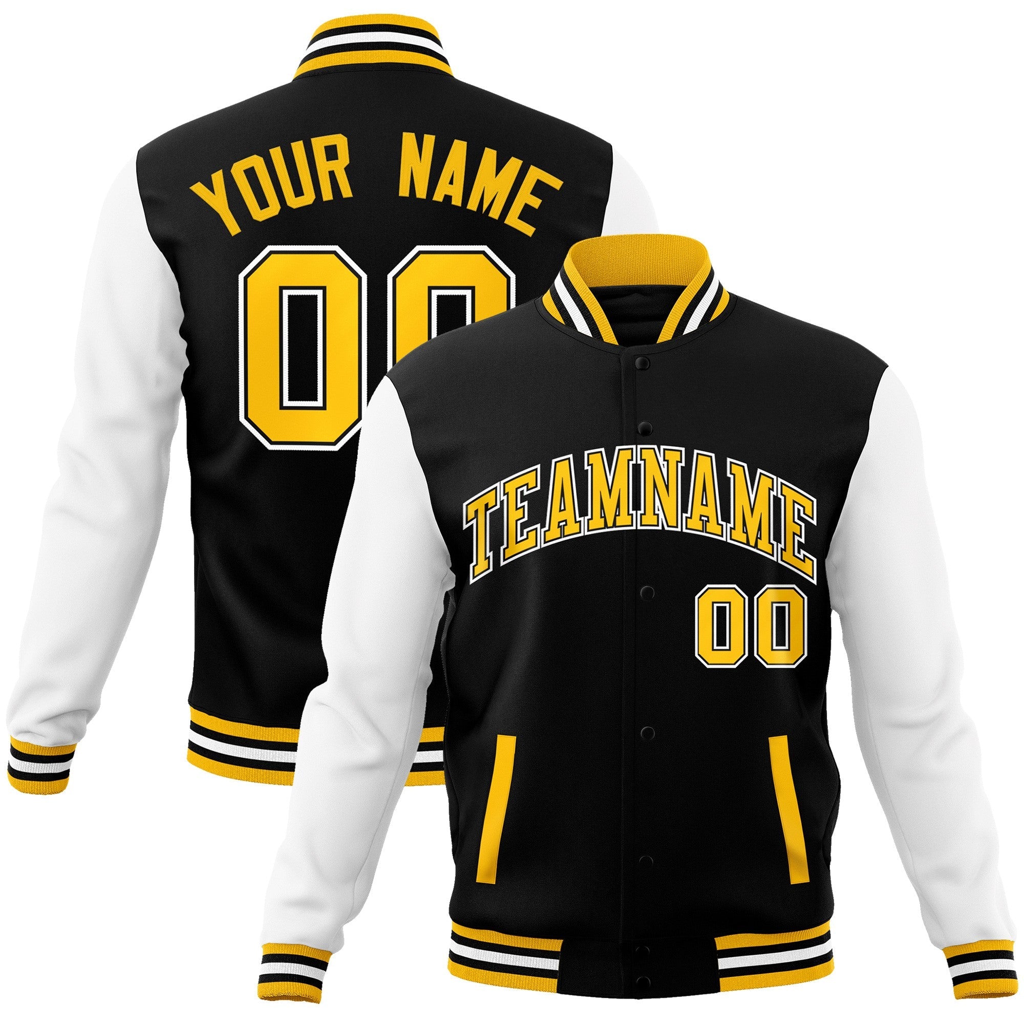 Custom Black Gold-Black Raglan Sleeves Varsity Full-Snap Letterman Jacket