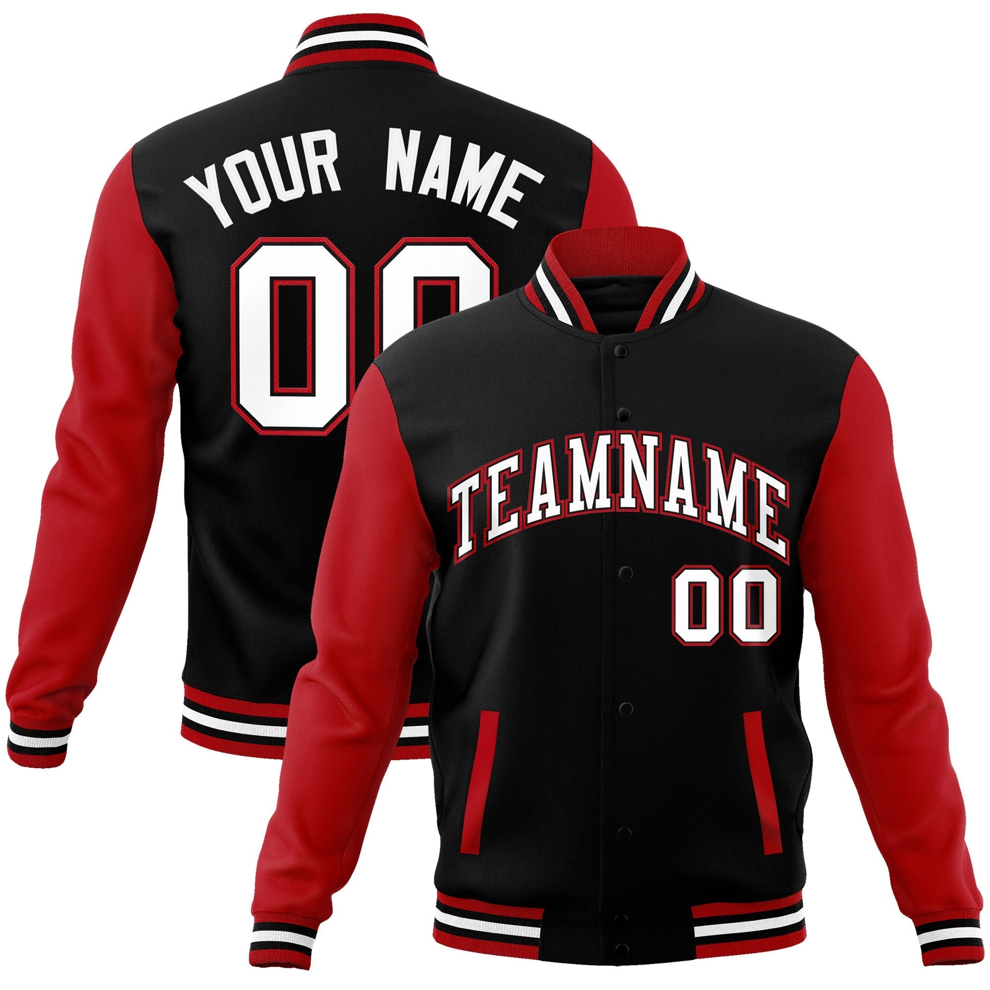 Custom Black White-Black Raglan Sleeves Varsity Full-Snap Letterman Jacket