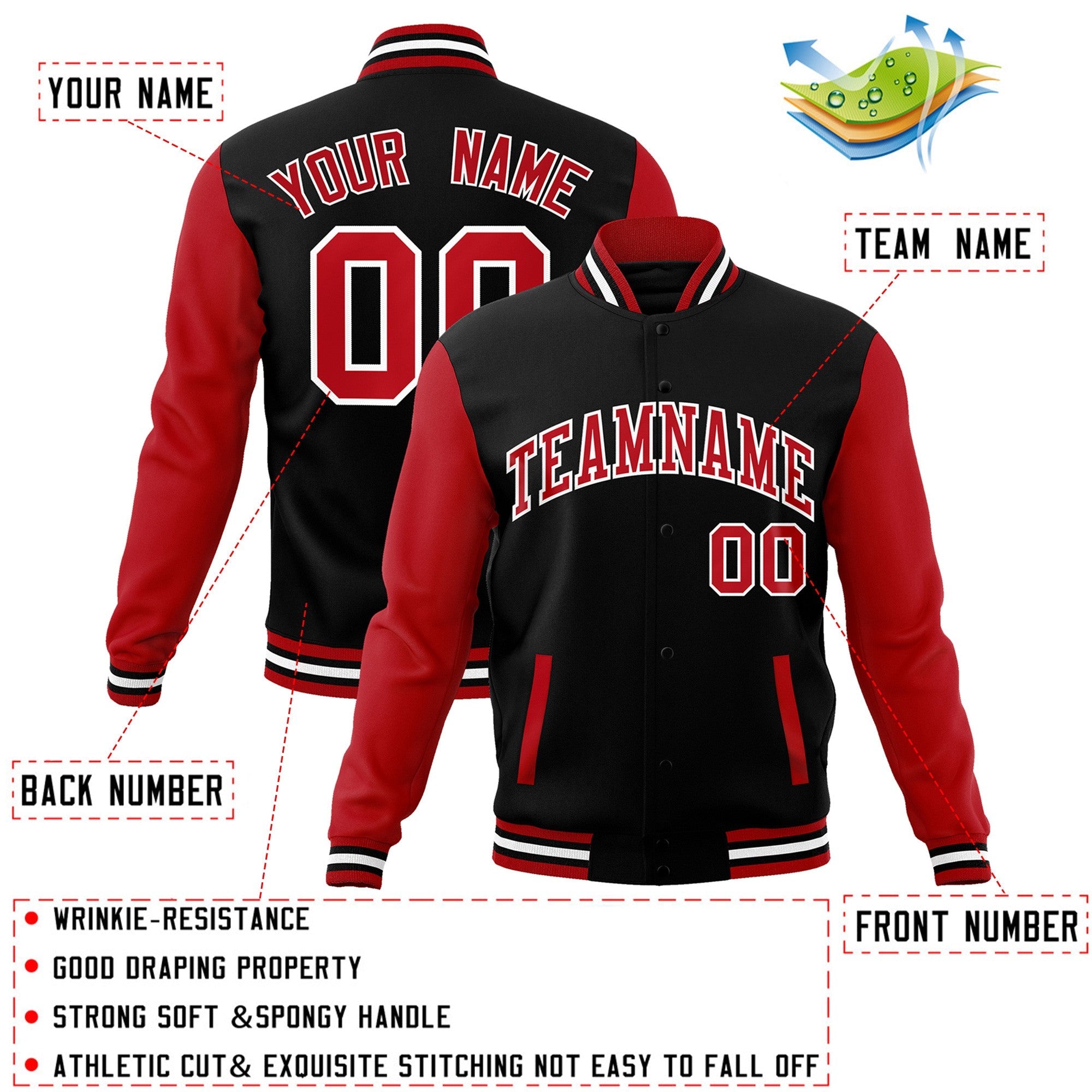 Veste Letterman Varsity Full-Snap à manches raglan personnalisées noir rouge-blanc