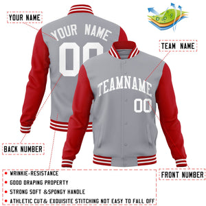 Veste Letterman Varsity Full-Snap à manches raglan blanches et grises personnalisées