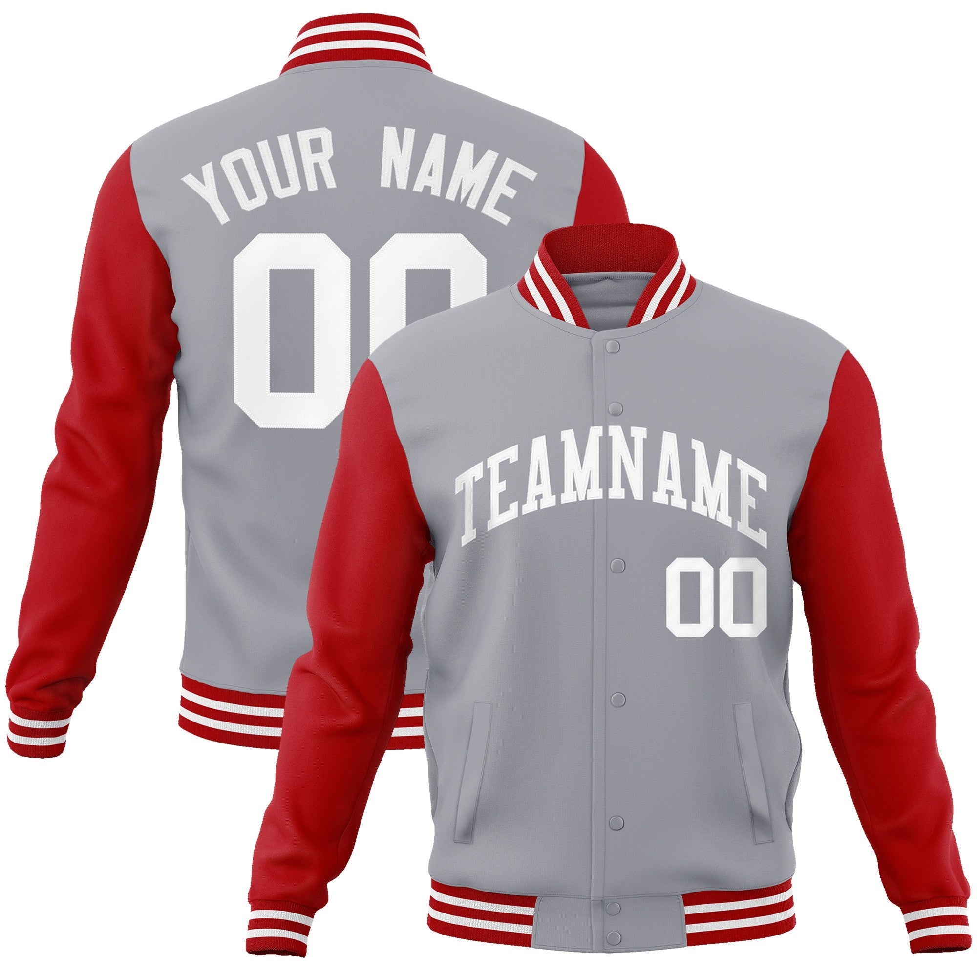 Custom Gray White Raglan Sleeves Varsity Full-Snap Letterman Jacket