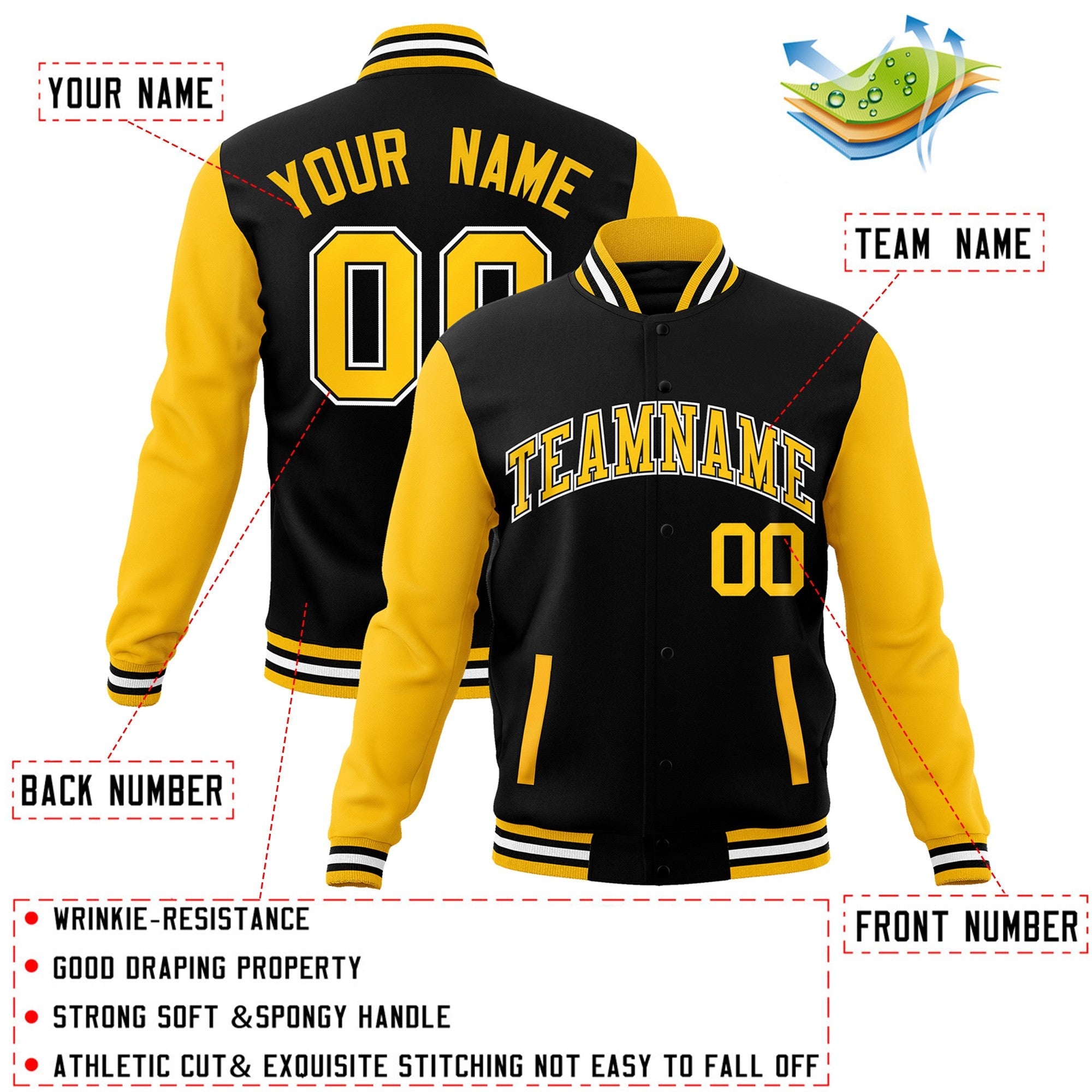 Custom Black Gold-Black Raglan Sleeves Varsity Full-Snap Letterman Jacket