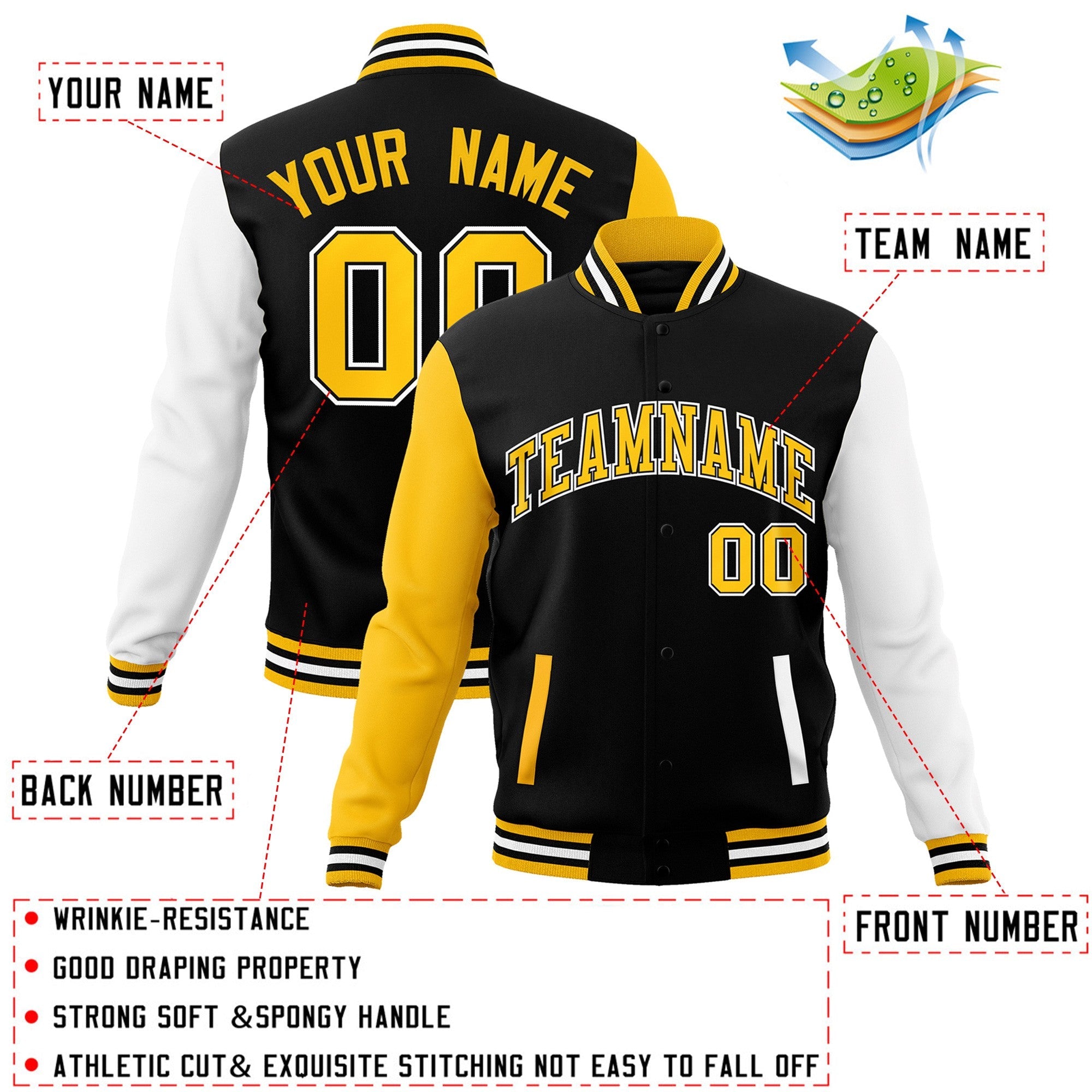 Custom Black Gold-Black Raglan Sleeves Varsity Full-Snap Letterman Jacket