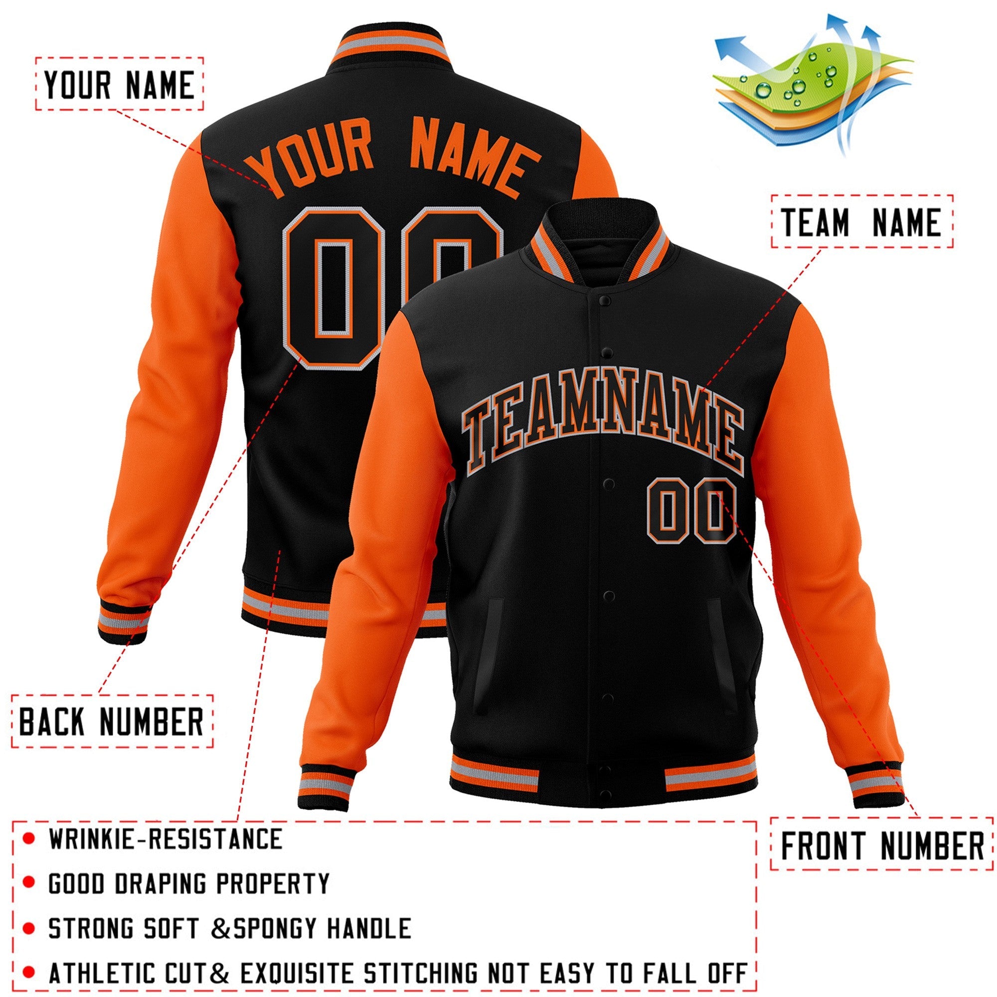 Custom Black Black-Orange Raglan Sleeves Varsity Full-Snap Letterman Jacket