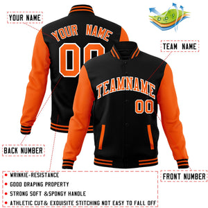 Veste Letterman Varsity Full-Snap personnalisée à manches raglan noir orange-blanc