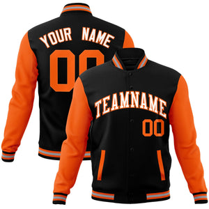 Custom Black White-Orange Raglan Sleeves Varsity Full-Snap Letterman Jacket