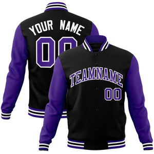 Custom Black Purple-White Raglan Sleeves Varsity Full-Snap Letterman Jacket