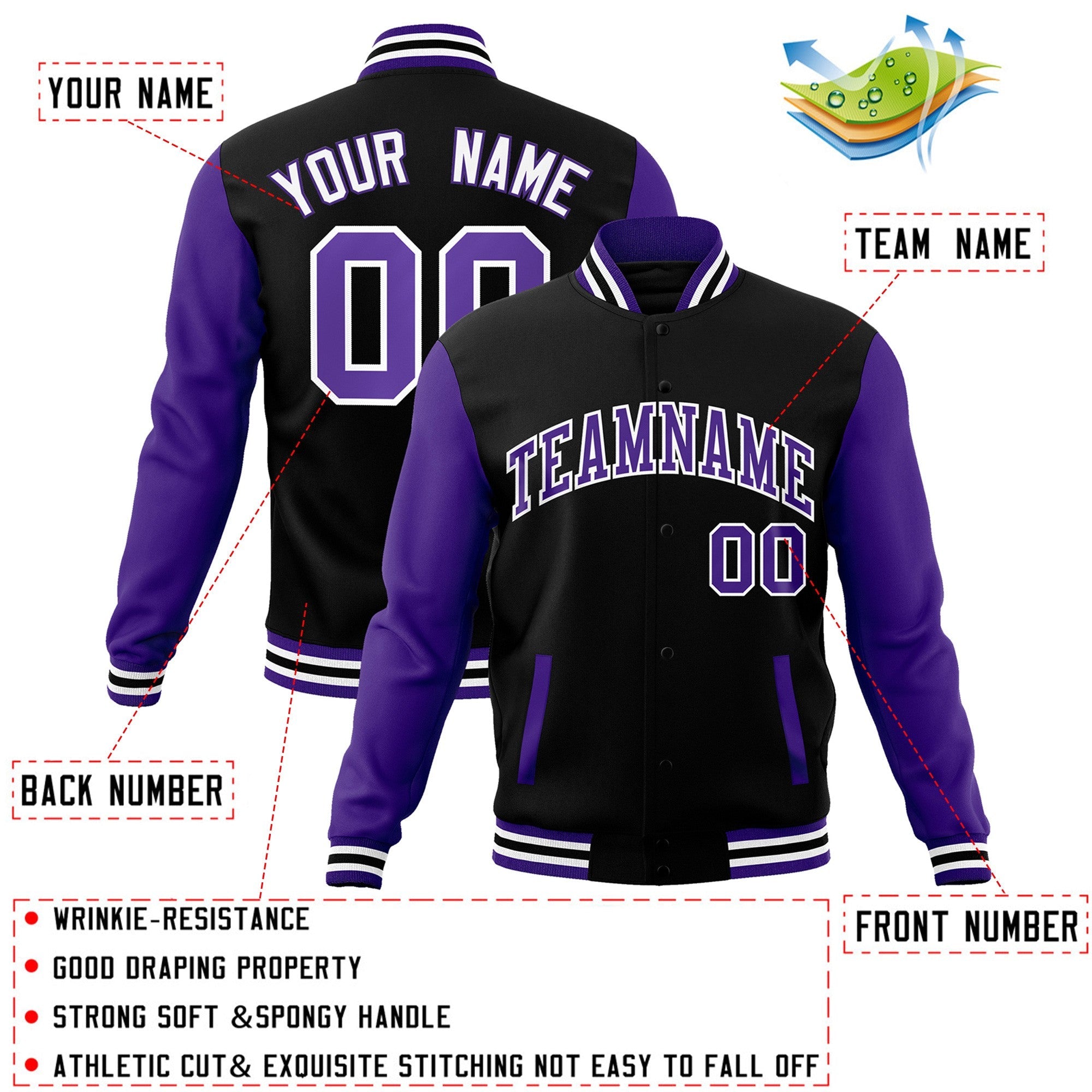 Veste Letterman Varsity Full-Snap à manches raglan personnalisées noir violet-blanc