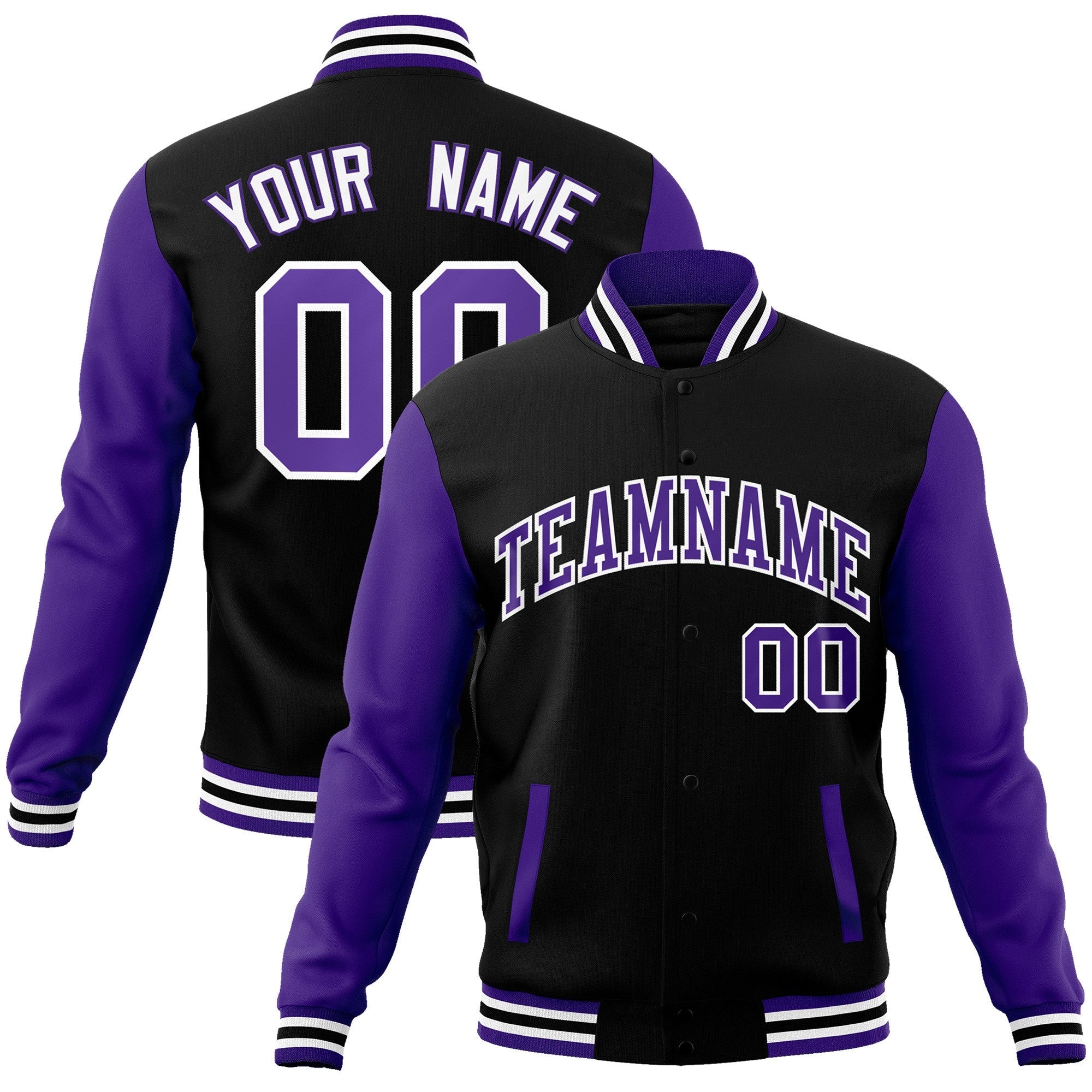 Custom Black Purple-White Raglan Sleeves Varsity Full-Snap Letterman Jacket