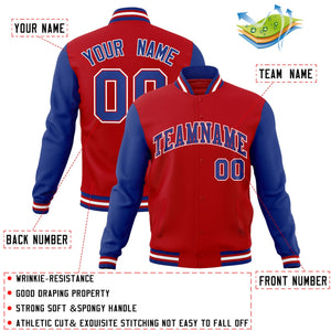 Veste Letterman Varsity Full-Snap à manches raglan rouge royal-rouge personnalisée