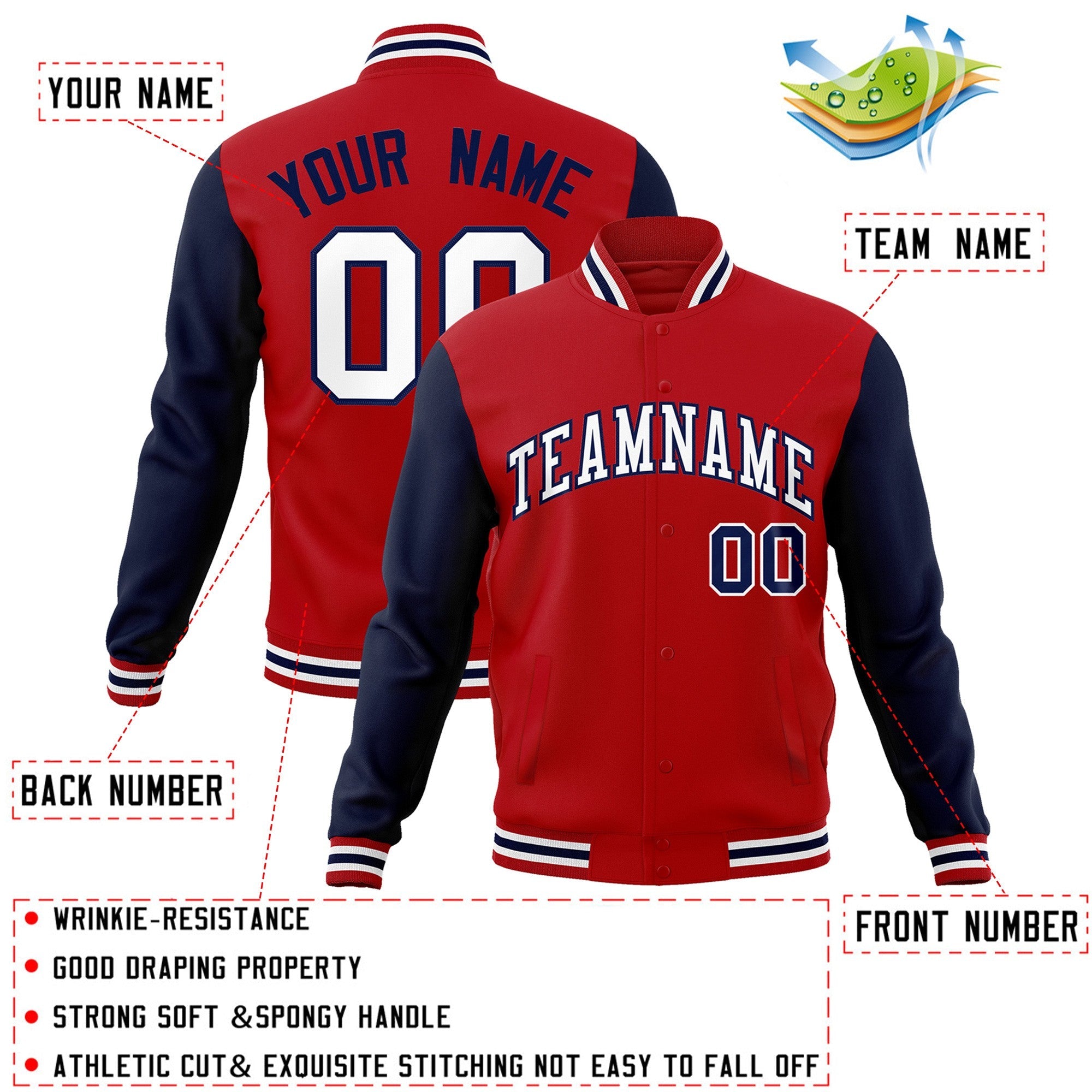 Custom Red White-Navy Raglan Sleeves Varsity Full-Snap Letterman Jacket