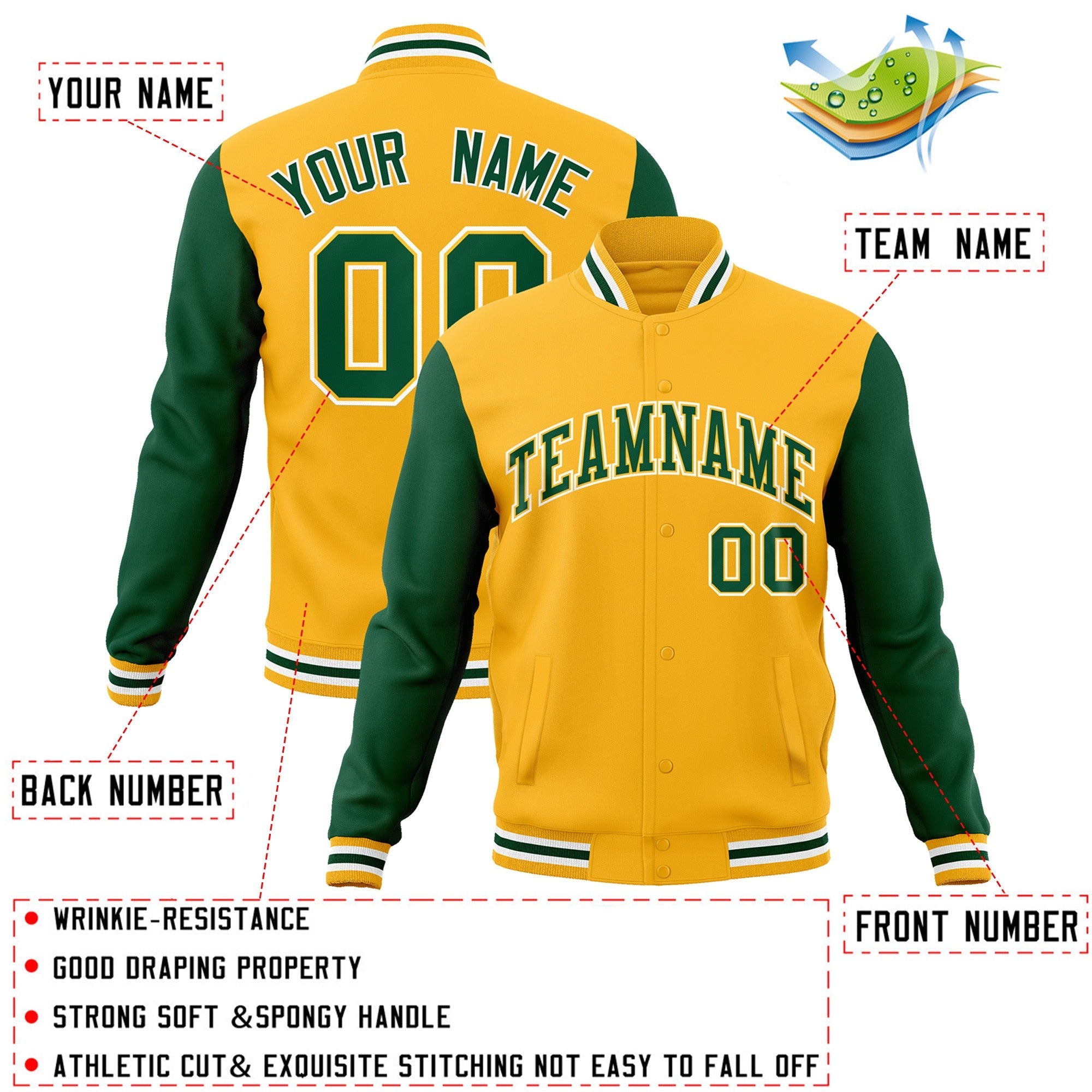 Veste Letterman Varsity Full-Snap à manches raglan personnalisées or vert-or