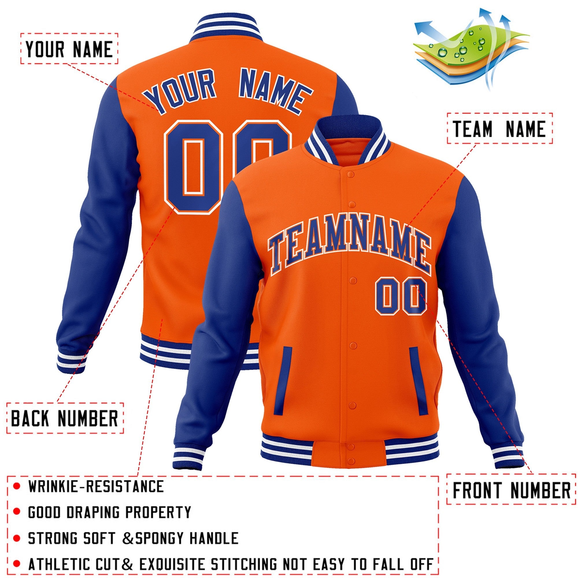 Veste Letterman Varsity Full-Snap Custom Orange Royal-Orange Raglan