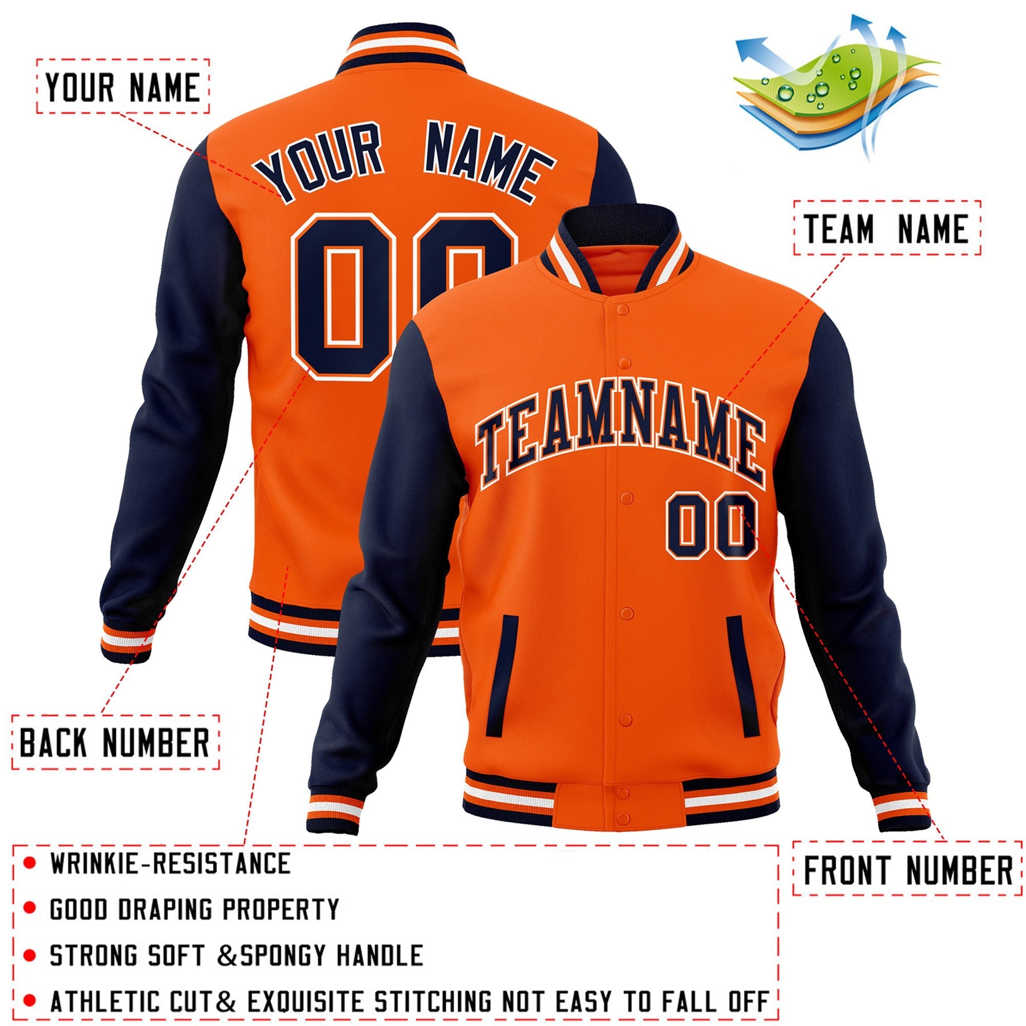 Custom Orange Navy-Orange Raglan Sleeves Varsity Full-Snap Letterman Jacket