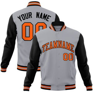 Custom Gray Orange-Black Raglan Sleeves Varsity Full-Snap Letterman Jacket