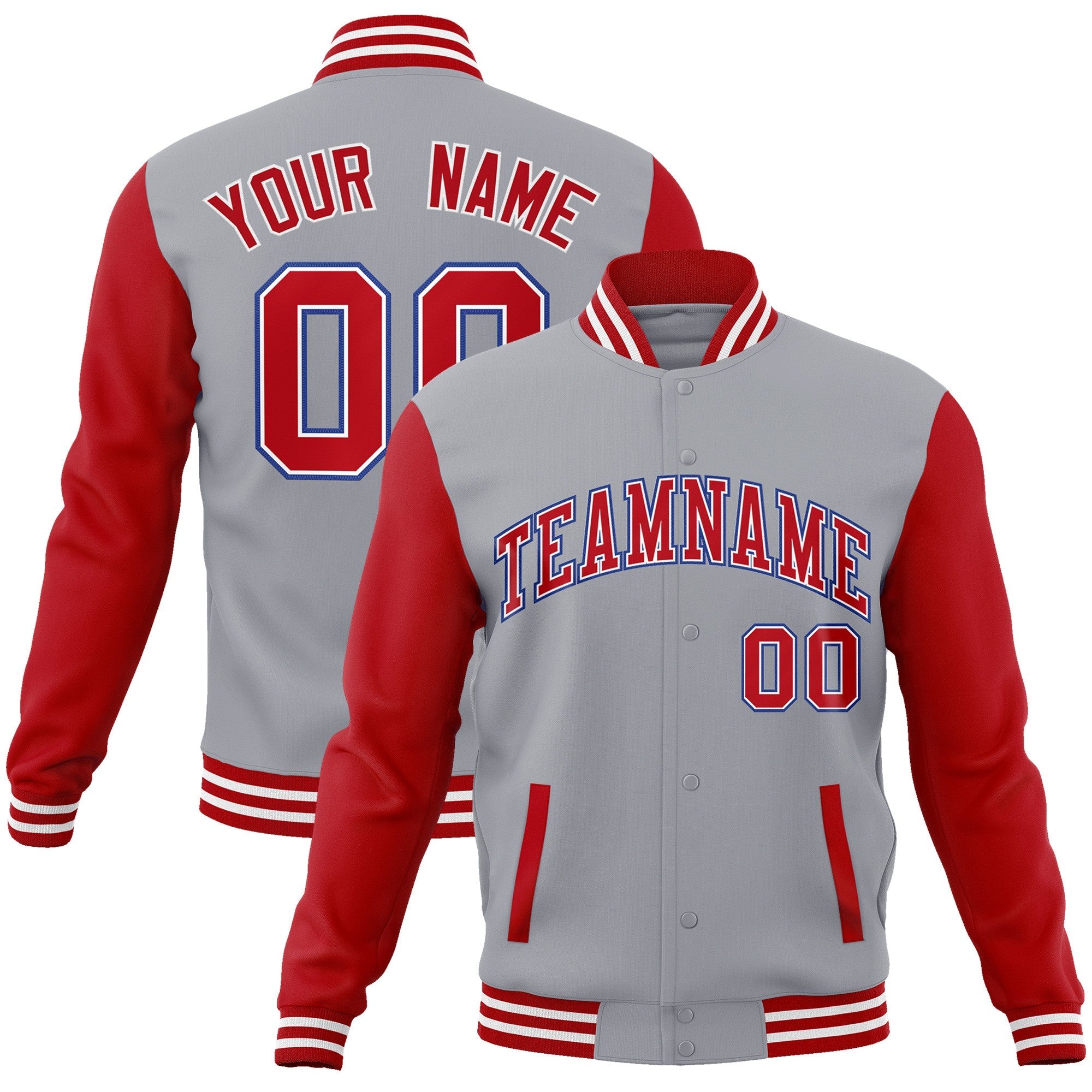 Custom Gray Red-White Raglan Sleeves Varsity Full-Snap Letterman Jacket