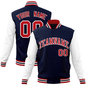 Custom Navy Red-White Raglan Sleeves Varsity Full-Snap Letterman Jacket