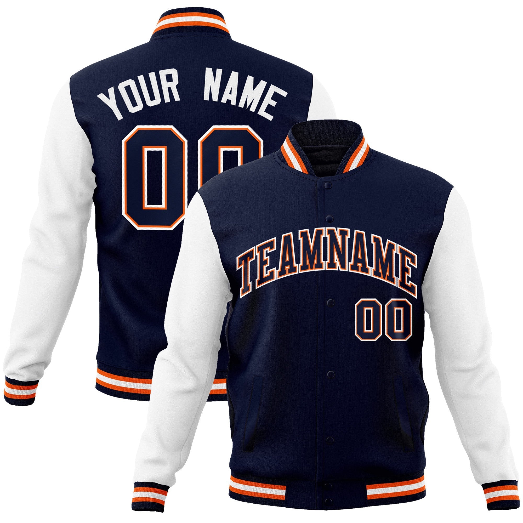 Custom Navy Navy-Orange Raglan Sleeves Varsity Full-Snap Letterman Jacket